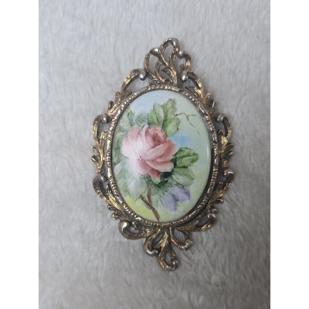 Vtg Hand Painted Porcelain Rose Brooch Pin Pendant 2-in1 Gold Filigree Victorian